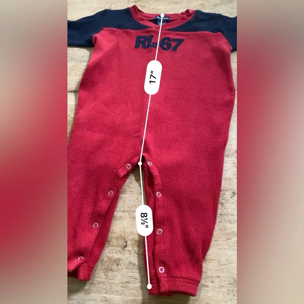 Vintage Ralph Lauren Infant L 12-18 Mo Red/Navy Waffle Weave Knit Logo‎ Bodysuit